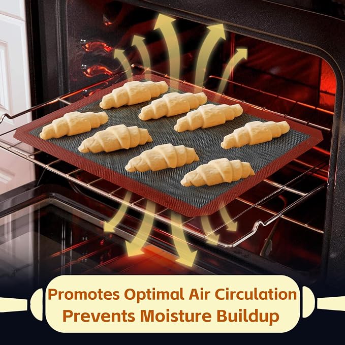 16.5"x11.6" Perforated Baking Mats, Non-Stick Hollow Out Silicone Mat, Reusable Oven Liner for Half Sheet Pan, Making Bread/Pizza/Macaron/Pastry/Cookie (2 Pcs, Black Corner Cut)