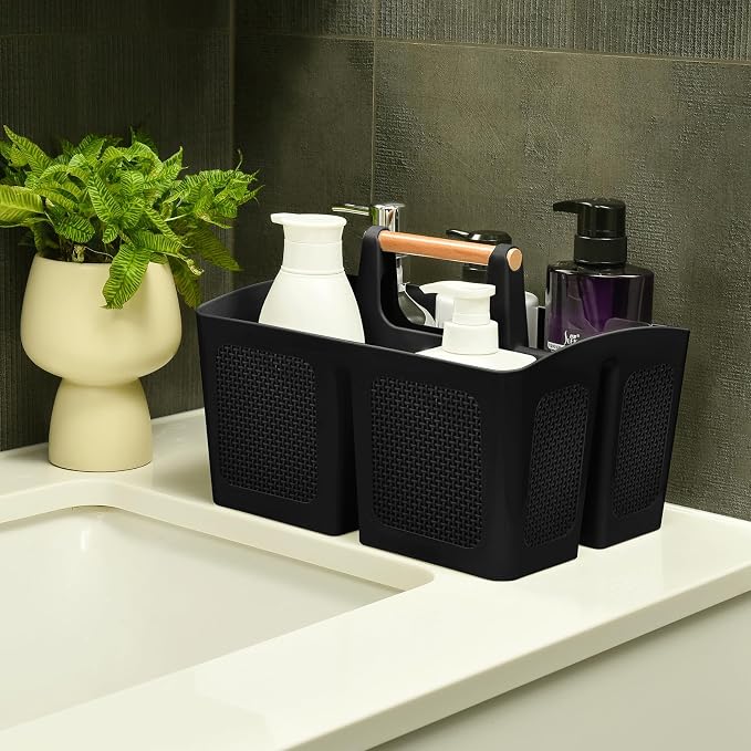 ALINK Portable Shower Caddy Basket with Compartments, Plastic Divided Cleaning Caddy Organizer Storage Tote with Handle for Bathroom, College, Dorm Room Essentials, Black