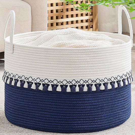 KAKAMAY Large Blanket Basket with Handles, Storage Basket for Living Room | Extra Large Capacity | Natural Cotton Rope | Blanket Storage | Woven Storage Basket | Stuffed Animal Storage | Laundry Basket