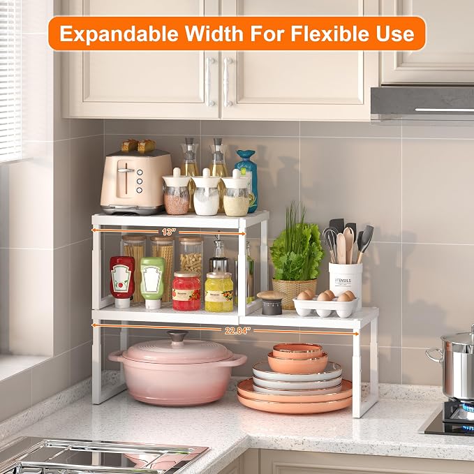 Shelf Organizer Riser For Cabinet Pantry Kitchen Countertop Cupbaord Closet | Expandable Width, Adjustable Height, Stackable As 2-Tier Shelf Rack, Snap-Button: Easily Adjust Height, Heavy Duty Metal