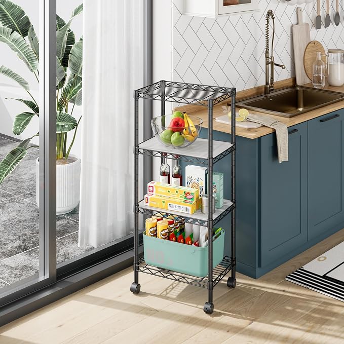 Golpart 4Tier Adjustable Storage Shelves Metal Wire Shelving Standing Shelf | Utility Heavy Duty Unit Rack Closet Organize for Home Kitchen Laundry Room Organization Pantry 11.6"Dx17.6"Wx44"H Black