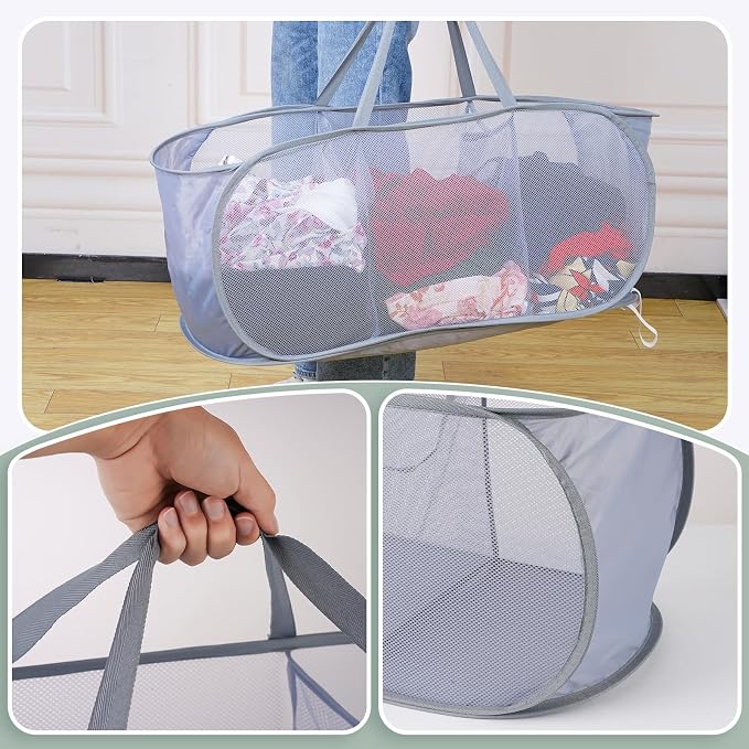 2 Pack Mesh Foldable Laundry Basket Up Laundry Hamper (Grey) | 3 Compartments Up Mesh Hamper with Handles, Mesh Laundry Hamper for Laundry Room, Bathroom, Room, College Dorm or Travel