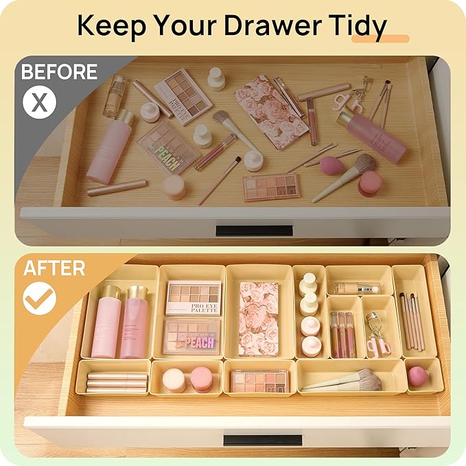 Vtopmart 25 PCS Plastic Drawer Organizers Set, 4-Size Versatile Bathroom and Vanity Drawer Organizer Trays, Storage Bins for Makeup, Bedroom, Kitchen Gadgets Utensils and Office