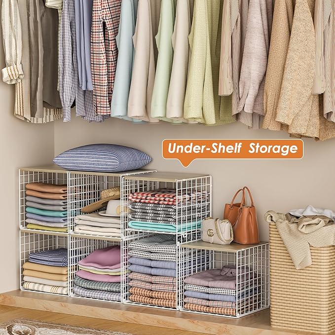 Hencawima 5PCS Stackable Closet Organizers and Storage, Closet Shelves with Wood Top Extra Storage, Clothes Storage Organizer Basket Bin/Cube for Home Wardrobe Organization(White-Sturdy Metal)