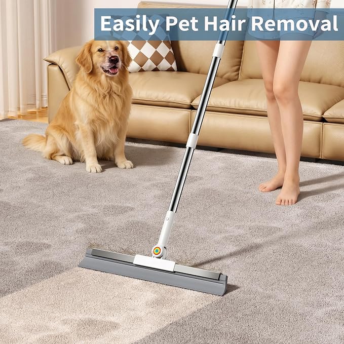 Floor Squeegee for Concrete Floor, Squeegee for Floor with 180° Rotating Head & 63" Long Handle, Garage Floor Squeegee Broom for Epoxy, Pet Hair, Water Removal, Tile Floor, Shower Glass, Driveway