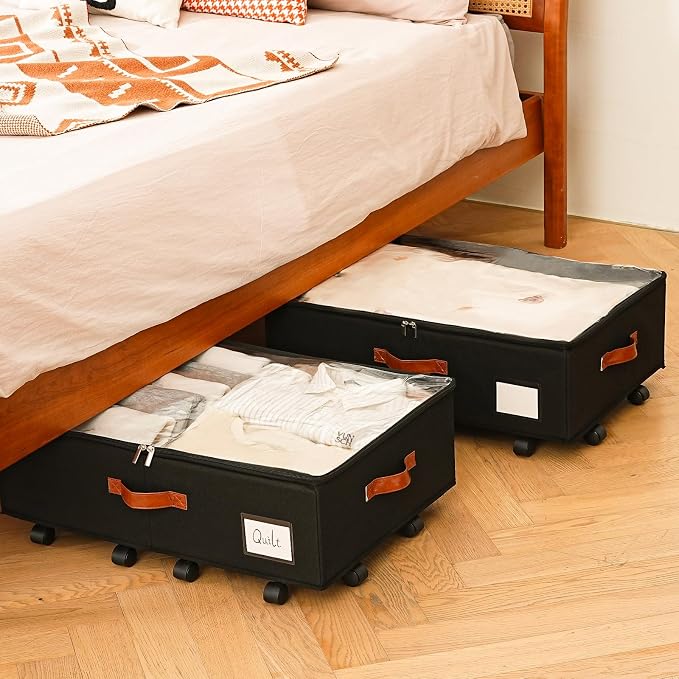 Freebat Under Bed Storage with Wheels 2 Pack, Underbed Container | 7.5 inch Height Under Bed Drawers with Clear Lid Cover, Storage Bag Box with Visiable Window for Clothes, Bedsheet, Pillow