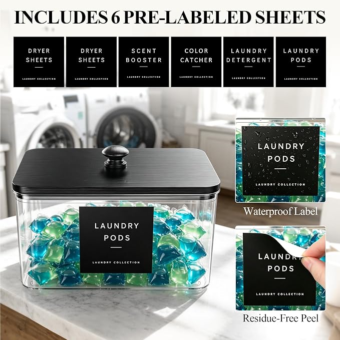 Dryer Sheet Holder with 6 Labels, for Laundry Room Organization and Storage | Clear Dryer Sheet Container with Lid, Dryer Sheet Dispenser, Laundry Pods Storage for Laundry Room Decor（Black）