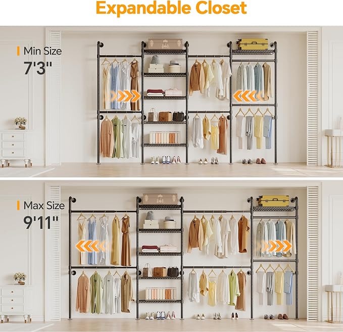 Higeego W4 Industrial Pipe Clothing Rack Wall Mounted Closet System Expandable Clothes Rack for Hanging Clothes, Heavy Duty Garment Rack Adjustable for Walk in Closet, Black