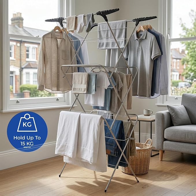 3 Tier Clothes Airer - 20m Washing Line, Foldable Laundry Rack with Heavy Duty Steel Frame, Non-Slip Feet, Corner Hanger Hooks, Space Saving Clothes Drying Rack for Indoor Outdoor Use