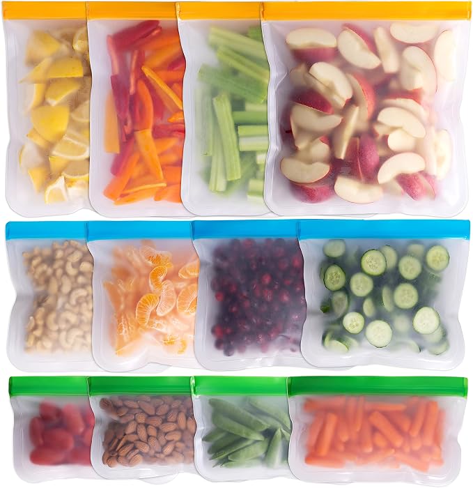 GREENZLA 12 Pack Reusable Food Storage Bags | BPA-Free | Leakproof | 4 gallon, 4 sandwich & 4 snack | Freezer-safe | Kid-friendly zipper | Replaces 300+ disposables