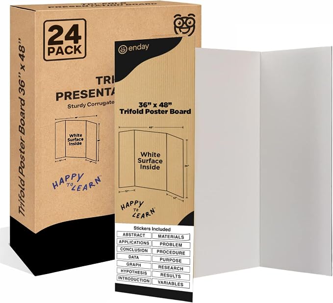 White Trifold Presentation Board 36" x 48" (Pack of 24) Self-Adhesive Science Subtitles Included - Display Exhibition Board Lightweight and Portable with Smooth Surface - by Emraw