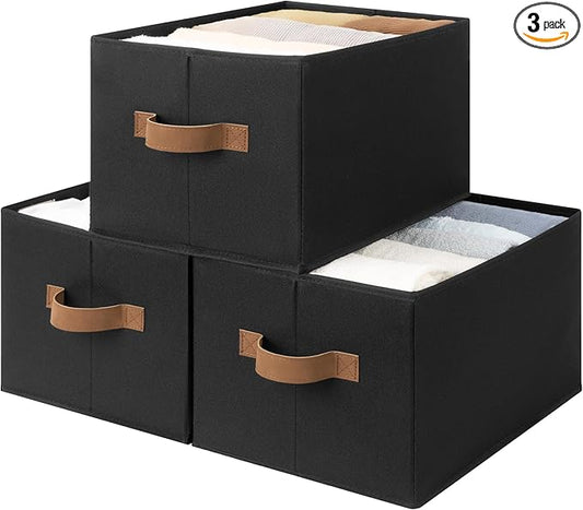 StorageWorks Storage Bins for Shelves, Closet Organizers and Storage Baskets, Fabric Clothes Organizer, Foldable Laundry Baskets, Black, 3-Pack, Large