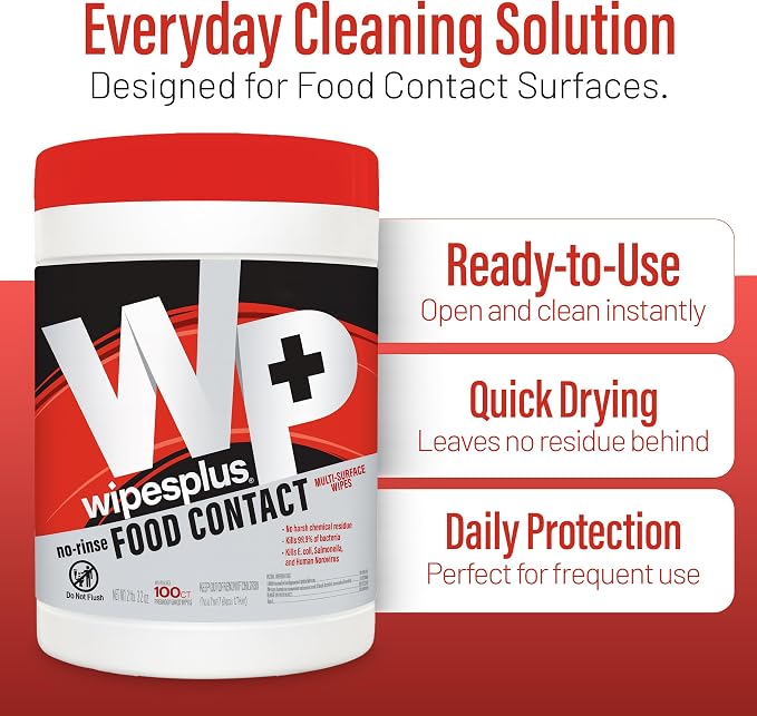 WIPESPLUS Cleaning Wipes All Purpose Food Contact - No Rinse, No Residue, Quick Dry Formula, Disinfecting Wipes For Restaurants, Foodservice, Schools - Canister, 100 Count