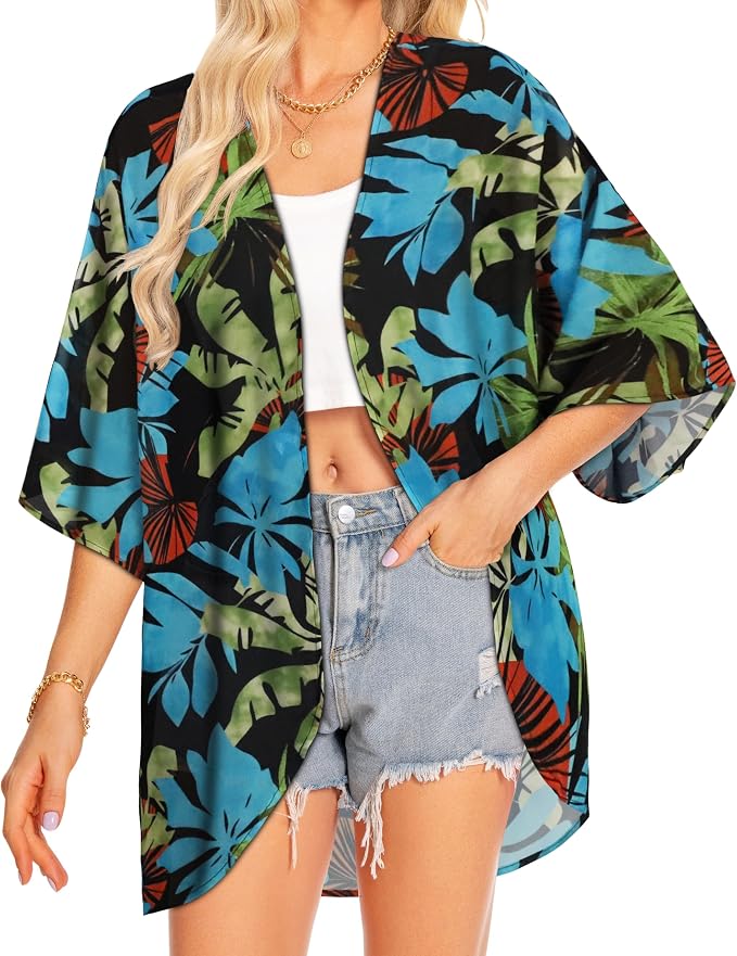 Women Kimono Cardigans Summer Cover Up Hawaiian Shirts Floral Print Tops | ROSEMIA chiffon kimono open front cardigans, beach cover ups, daily casual tops, cruise outfits, summer resort wear