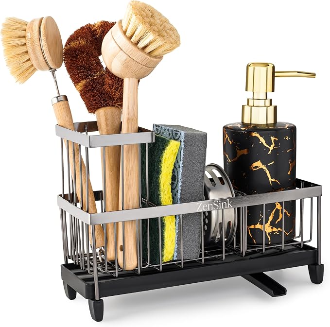 ZenSink Sponge Holder for Kitchen Sink, Kitchen Sink Caddy Organizer with Drain Tray, High Brush Holder, Rustproof 304 Stainless Steel Kitchen Counter Organizer