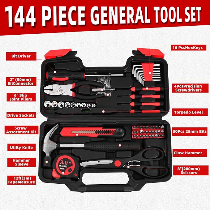 144-Piece Red Home Tool Set, Household Hand Kit with Plastic Toolbox | Basic repair tools for women & college students, all-purpose dorm set for home, apartment, office & daily household DIY use
