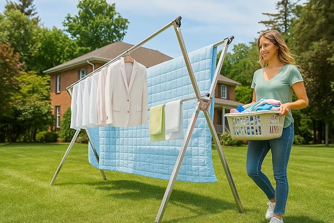 AZK Clothes Drying Rack Extendable Laundry Drying Rack with 20 Hooks | Stainless steel Sturdy Lightweight Frame Foldable Portable Design for Indoor and Outdoor Sun Drying of Garments 79.55In