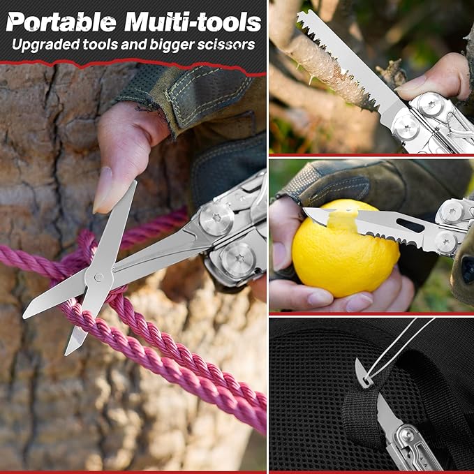BIBURY 22-in-1 Multitool Pliers With Fire Starter & Whistle, BI2038B | Pocket Knife, Window Breaker, Self-Locking, EDC Multi Tool with Back Clip & Sheath, For Survival Camping Hiking