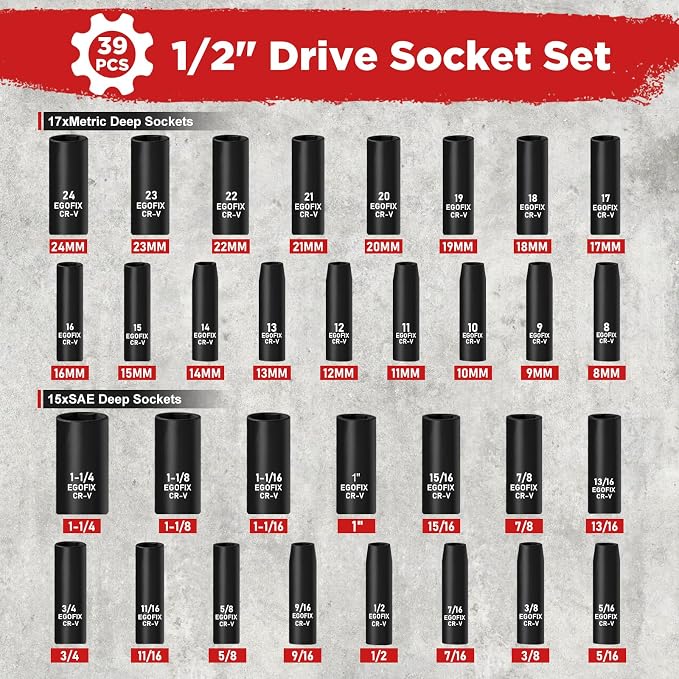 1/2” Drive Impact Deep Socket Set, 39 Pieces Metric(8-24mm)/SAE(5/16 to 1-1/4), CR-V Steel Tool Set with 3”, 5”, 10” Extension Bar, Adapters