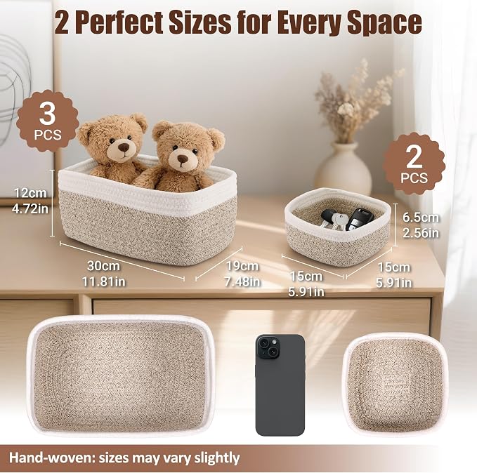 5-Pack Small Woven Rope Storage Baskets – 2 Sizes Organizer Bins for Closet, Shelf, Bookshelf, Nursery, Changing Table, Fabric Cube Boxes, Rectangular Shallow Bins for Bathroom, Toy & Home