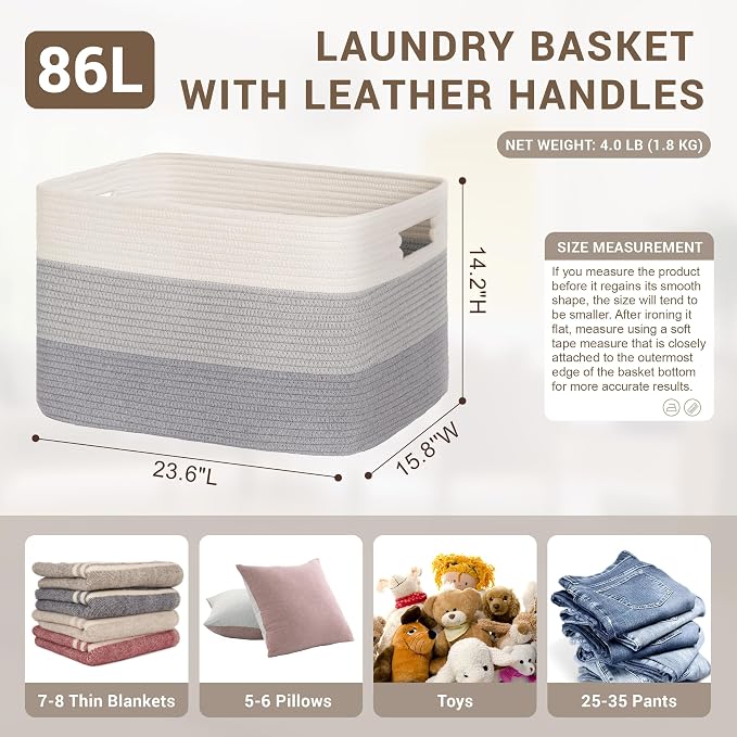 86L Large Woven Laundry Basket Hamper with Handles, Gradient Grey | collapsible wicker hamper, storage for dirty clothes, toys, blankets, gifts, living room, bedroom, bathroom, 24"x16"x14"