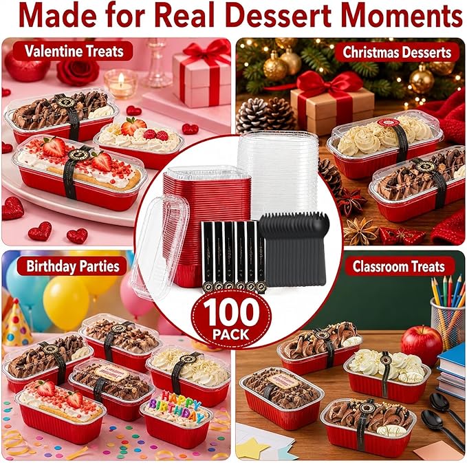YQER 100 Pack Red Mini Cake Pans with Lids and Spoons, 6.8 oz Disposable Aluminum Foil Mini Loaf Pans with Stickers, Individual Dessert Cake Tins Containers for Valentine Gifts, Holidays, Parties