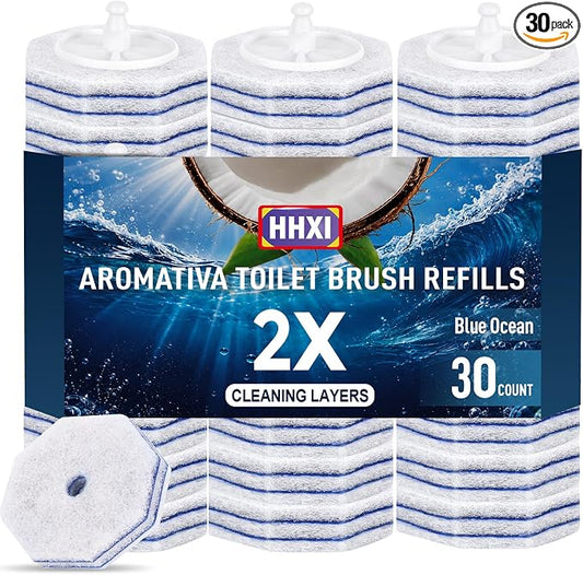 30Ct Aromative Toilet Brush Refills, Toilet Bowl Cleaner Refills, Double-Layer Cleaning Pads Added, Compatible with Most Toilet Brushes，Blue Ocean（Patented）