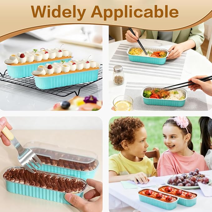 100 Pack Mini Cake Pans with Lids and Spoons, Mini Loaf Baking Pans 6.8oz, Small Disposable Aluminum Foil Loaf Pans, Rectangular Baking Containers for Party and Picnics, Cheesecake Pans (Blue)
