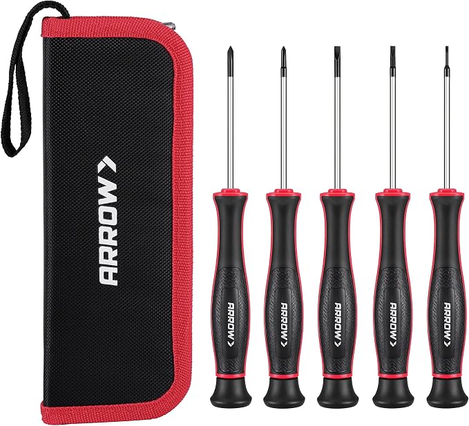 ARROW 5-Piece Precision Screwdriver Set with Pouch, Phillips, Slotted | Small Magnetic Screwdriver Set, Cr-V Steel, Non-Slip Grip, for Eyeglass, Watch, Computer, Laptop, Phone Repair