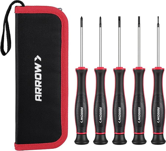 ARROW 5-Piece Precision Screwdriver Set with Pouch, Phillips, Slotted | Small Magnetic Screwdriver Set, Cr-V Steel, Non-Slip Grip, for Eyeglass, Watch, Computer, Laptop, Phone Repair