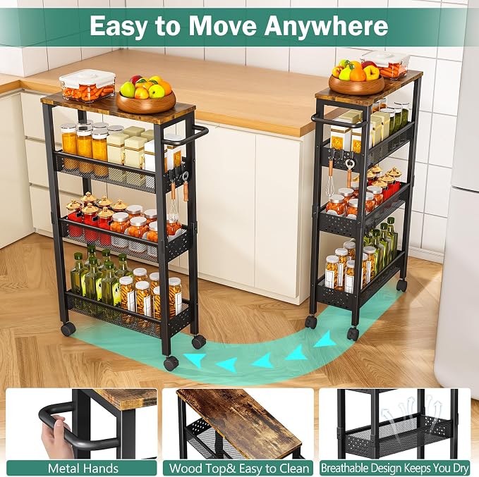 Vivihomety 4-Tier Slim Utility Rolling Laundry Cart with Wheels, Metal | Narrow 7.1" wide, Lockable wheels, wood top panel, metal frame, with handle, for laundry, bathroom, kitchen, black