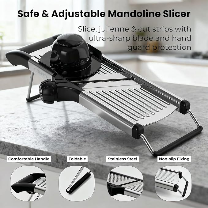 Mandoline Slicer for Kitchen, Adjustable Vegetable Slicer with Julienne Blade, Stainless Steel Food Cutter with Hand Guard for Potatoes, Cucumbers, Onions & Meal Prep
