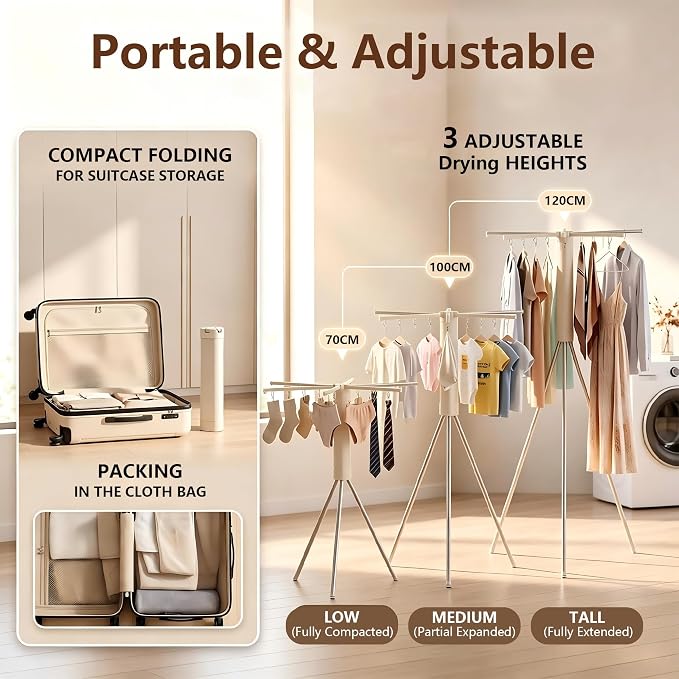 Foldable Tripod Clothes Drying Rack - 6 Clothes Arms & 12 Underwear Clips & 12 Hanging Points & Stainless Steel Legs/Clothes Rods, Portable Clothing Airer for Suitcase RV Balcony Camping