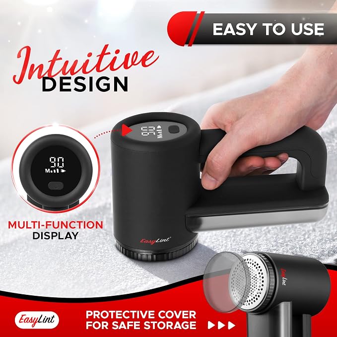 EasyLint Rechargeable Fabric Shaver Lint Remover, Effectively Remove Fuzz, Pills & Bobbles from Clothes, Sweaters, Couch and Furniture, 3-Speeds, 6-Leaf Blade Lint Shaver, LED Display & USB Charging