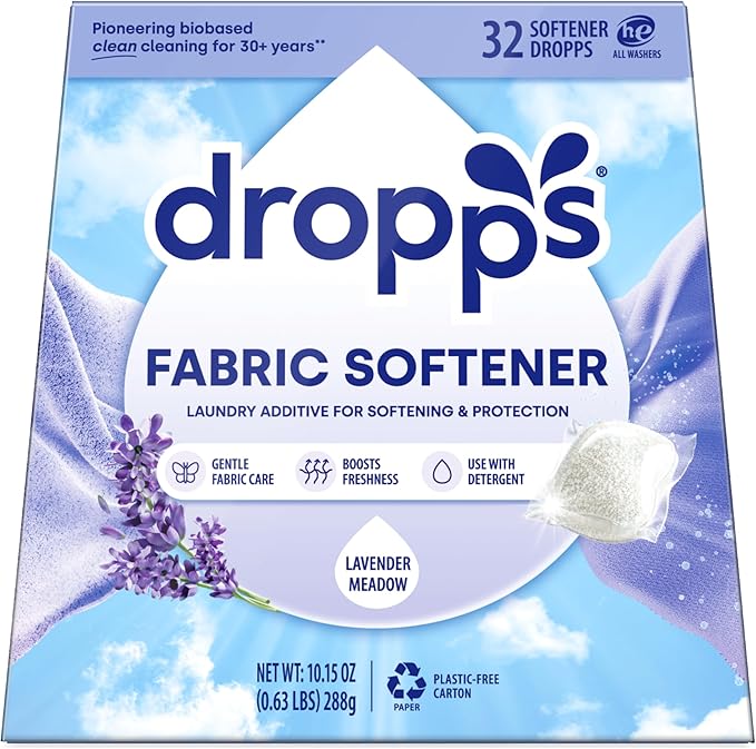 Dropps Fabric Softener Pods, Lavender Meadow (32 Count) - Laundry Softener For Soft & Fluffy Fabrics | Liquid Softener & Dryer Sheet Alternative | Clean Ingredients | Plastic Free Packaging