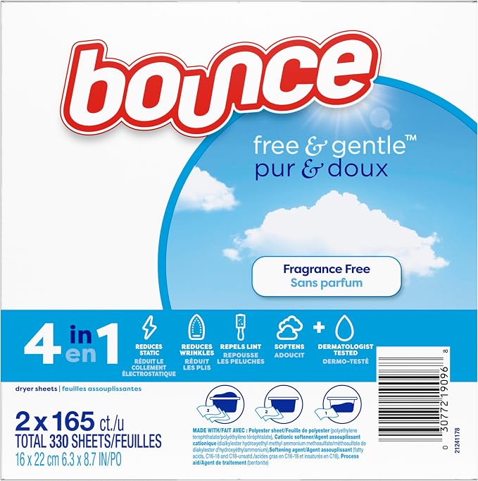 Bounce Free And Gentle Dryer Sheets For Sensitive Skin, Hypoallergenic, Free Of Dyes And Perfumes, Unscented, 330 Count
