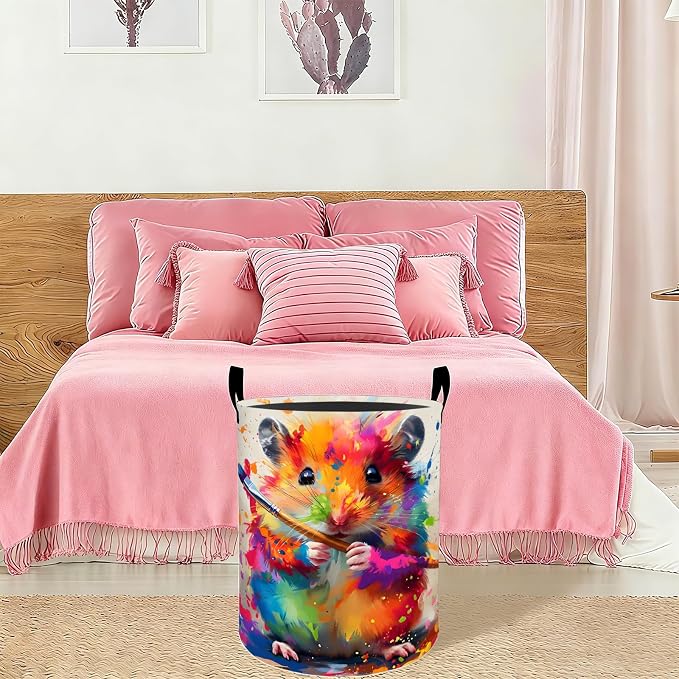Colorful Artist Hamster Laundry Basket Hamper 19.7"x15.8", Organizer Bins Gifts for Kids Boys Girls, Animal Foldable Waterproof Oxford Clothes Storage Bucket for Bedroom Bathroom Decor