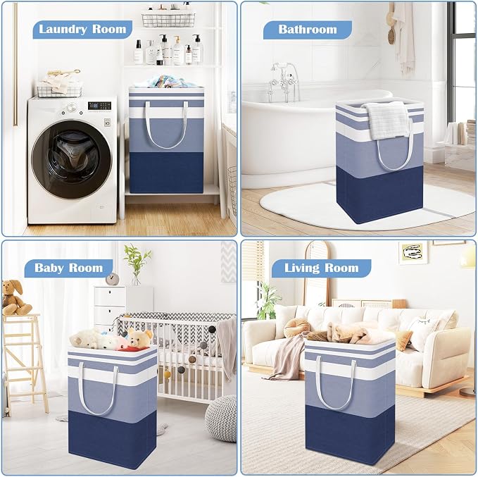 BlissTotes 3-Pack Laundry Basket, Collapsible Laundry Hamper, Blue, 88L | Laundry Clothes Hamper, Hampers for Bedroom, Freestanding Hamper with Handles, Clothes Laundry Basket