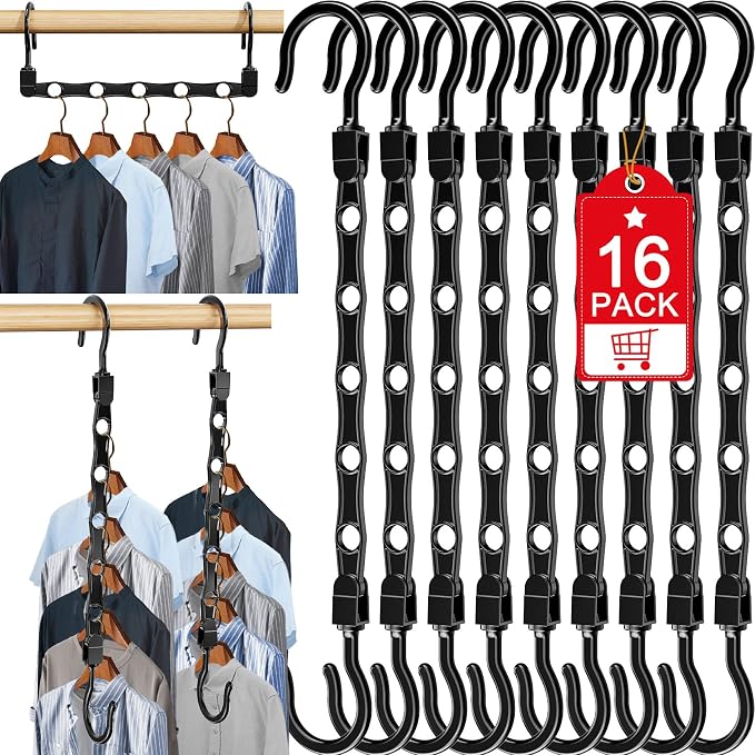 16 Pack Hangers Space Saving Magic Space Saver Smart Plastic Hangers Black | Clothes Hanger Organizer Closet Organizers and Storage for Closet Wardrobe Apartment College Dorm Room Essentials