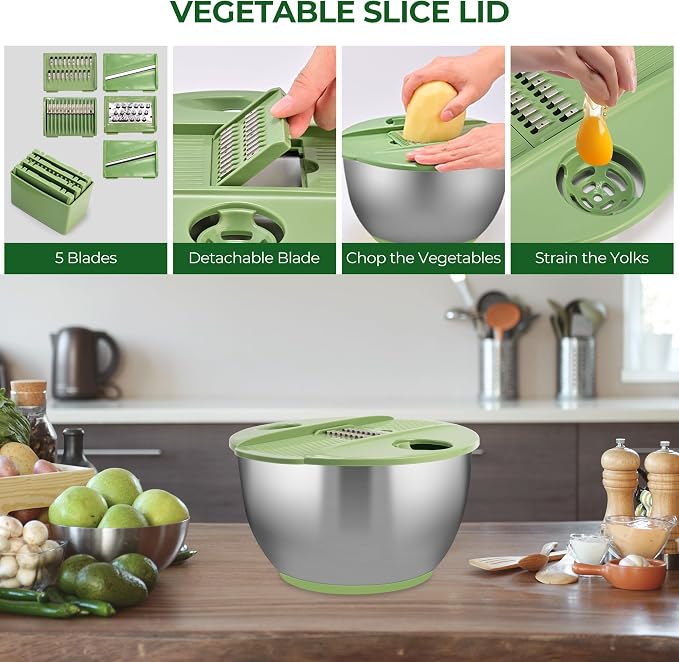 SUSTEAS Salad Spinner with Slicer and Stainless Steel Salad Spinner with Slicer, 4.2QT