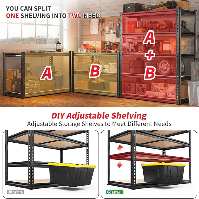 REIBII 2400LBS Storage Shelves 5 Tier Garage Shelving Heavy Duty, Adjustable Metal Shelving, Garage Shelves for Basement, Warehouse, Pantry, Closet, Kitchen 72" H x 36" W x 16" D, Black, 3 Pack