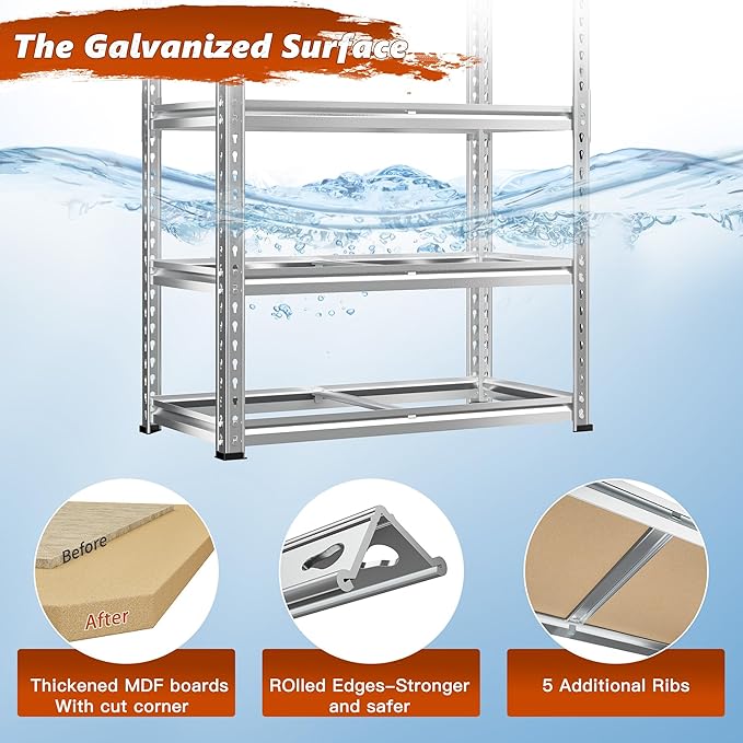 REIBII 5 Tier Garage Shelving for Pantry Garage, Adjustable Storage Shelves | 35.5" W x 11.9" D x 72" H, Holds 2400 Lbs, Silver, 5 Reinforcing Ribs, Steel Frame with Powder Coat, Freestanding