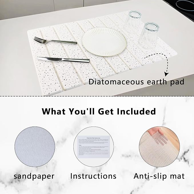 Large Stone Drying Mat for Kitchen Counter Diatomaceous Earth Collapsible 24”（L）*16”（W）Super Heat Resistant Mats, Quick Absorbent Dish Drying Rack（Spotted pattern）
