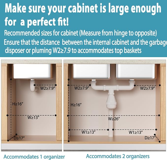 Liuoud Under Sink Organizer 2 Pack, 2 Tier Slide Out Large Capacity Height Adjustable Under Sink Organizers and Storage for Kitchen Bathroom Cabinet, Grey