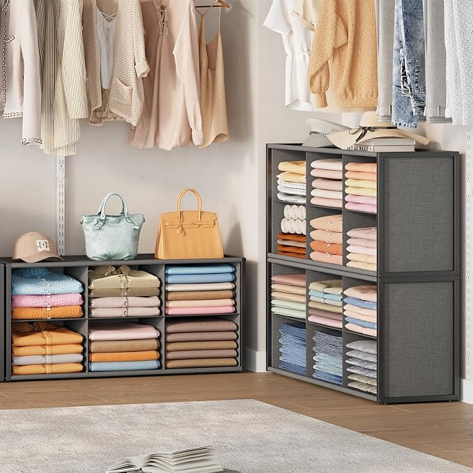 Hongtamoya Stackable Closet Organizer Shelf,6 Cube Bins Storage Basket for Clothes, Handbags Sweaters Jeans Pants Shirt, Space Saving Closet Organizer for Bedroom Wardobe, Closet System-Grey