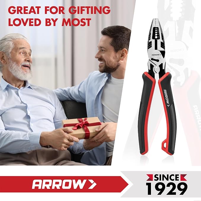 ARROW 6-in-1 Linemans Pliers, 8" Multipurpose Linesman Pliers, Side Cutters | Premium CRV Steel, Combination Pliers, For Wire Cutting, Gripping, Crimping, Stripping