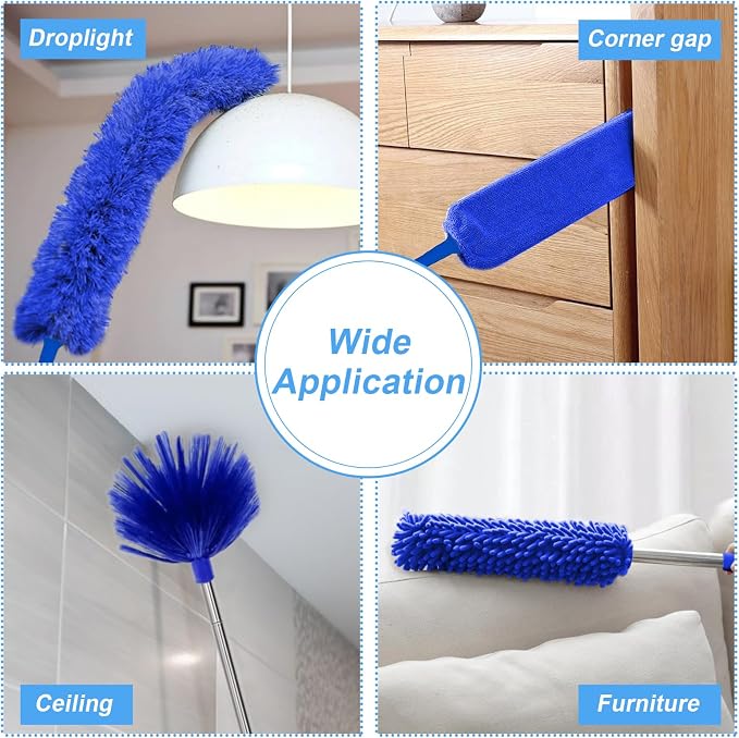 Duster with Extension Pole - Blue | 5-in-1 Kit Dusters for Cleaning, Extendable Duster with 100 Inches, Microfiber Dusters for Ceiling Fans, Furniture, Blinds