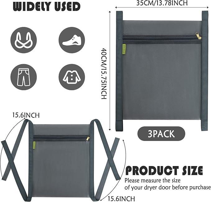 3 Pcs Sneaker Wash & Dry Net Bag for Dryer,15.7x13.8 Inch Large HoneyComber Mesh Bags with Zipper and Strap for Shoes, Clothing, Laundry Reused Bag Tool (Grey)