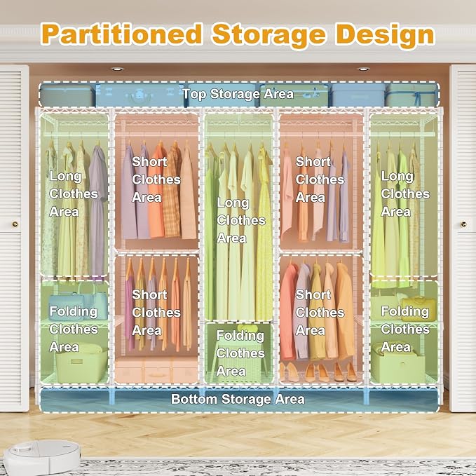 ULIFHOME Clothes Rack, Heavy Duty Garment Rack, Extra Large Portable Closet | H50 Clothing Racks for Hanging Clothes, Freestanding Wardrobe Closet 89.8'' W x 15.8" D x 76.2" H, Max Load 1400 Lbs, White