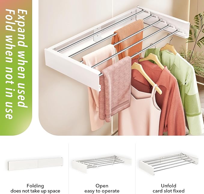ZdwCyl Wall Mounted Drying Rack,32 inches,Foldbale, Clothes Drying Rack,Laundry Drying Rack Wall Mount,Drying Rack Clothing Space Saver,Retractable,Collapsible,Folding Laundry Rack,White